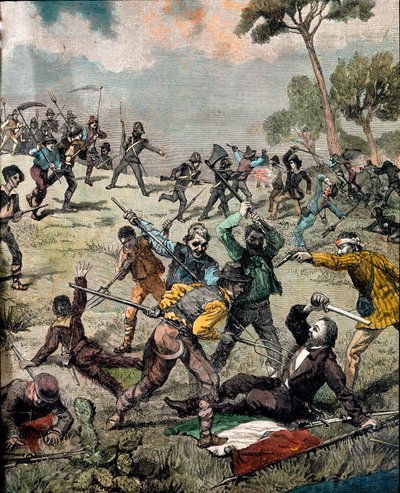 Risorgimento: de Italiaanse revolutionair Carlo Pisacane (1818-1857) wordt bestormd door boeren in Sapri op 28/06/1857. Gravure Privécollectie door Unknown artist