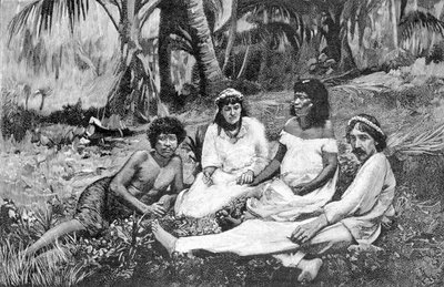 Robert Louis Stevenson (1850 - 1894) met zijn vrouw in Samoa waar hij zijn residentie had in Vailima. Gravure rond 1890-1895. door Unknown artist