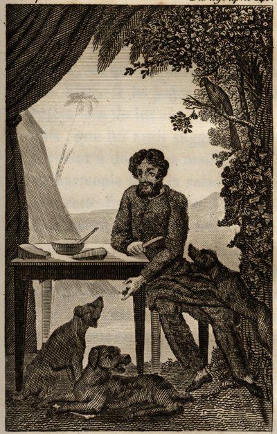 De honden van Robinson Crusoe wachten tot hij wat stukken te eten gooit, gravure ingevoegd in 