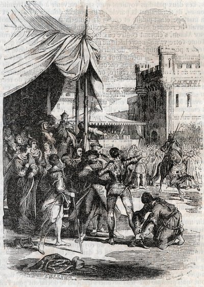Roger (Ruggero, Ruggiero) daagt Rodomont (Rodomonte) uit in de strijd - gravure van 1851 uit 