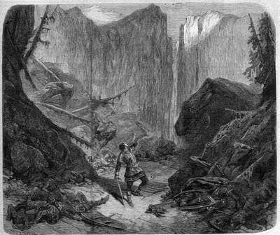 Roland blaast op zijn hoorn tijdens de Slag bij Roncesvalles op 15 augustus 778. Tekening door Alphonse de Neuville (1836-1885) voor de opera 
