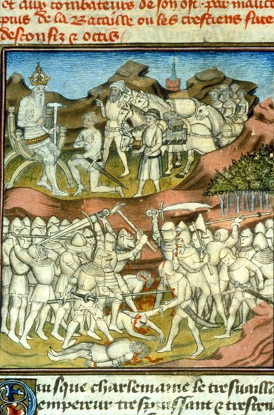 De dood van Roland. Karel de Grote stuurt zijn ridders naar de strijd; de ridder Roland wordt gedood in de Slag bij Roncevaux (778) - Miniatuur uit de Middeleeuwen (ref. 512) door Unknown artist