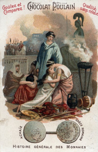 Romeinse overheersing in Griekenland: plundering van Korinthe door Lucius Mummius in 146 v.Chr. in de regio Achaia. In Algemene Geschiedenis van Munten. Chocoladeveulen chromolithografie van het einde van de 19e eeuw. Privécollectie. door Unknown artist