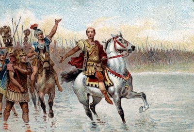 Romeins politiek systeem: De consul. Julius Caesar stak de rivier de Rubicon over met zijn legioenen in wapens op 10 januari 49 v.Chr. in de voetsporen van Pompeius de Grote (Gneo Pompeo Magno of Gnaeus Pompeius Magnus) door Unknown artist