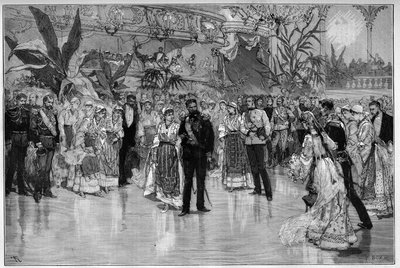 Bal ter ere van Prins Rodolph en Prinses Stephanie van Oostenrijk-Hongarije in het Nationaal Theater in Boekarest. Gravure in Le Monde Illustré door Unknown artist