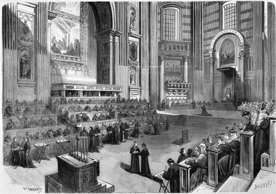 Rome 1869, eerste bijeenkomst van het oecumenisch concilie van 1869 gehouden op 9 december in het rechterdeel van het transept van de Sint-Pieterskerk door Unknown artist