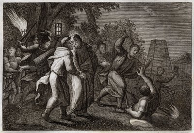 Royaumont Bijbel, Nieuwe Testament: Arrestatie van Jezus Christus of de Kus van Judas. De soldaten komen Christus arresteren in de Hof van Olijven. Sint Petrus hakt het oor van een van hen af. Illustratie uit 1811. door Unknown artist
