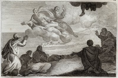 Royaumont Bijbel, Nieuwe Testament: Hemelvaart van Jezus Christus. Christus wordt naar de hemel opgenomen en zegent de apostelen voordat hij in een wolk verdwijnt. Illustratie uit 1811. door Unknown artist