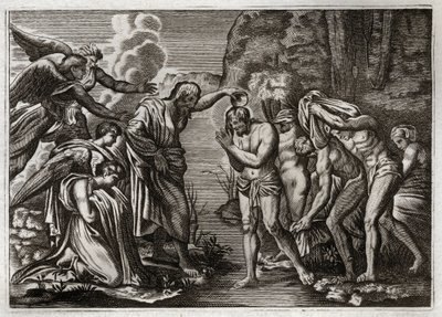 Royaumont Bijbel, Nieuwe Testament: Doop van Jezus Christus. Johannes de Doper doopt Jezus Christus in de wateren van de Jordaan. Illustratie uit 1811. door Unknown artist