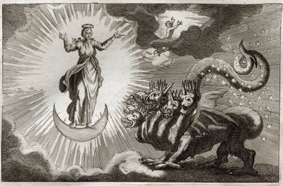 Royaumont Bijbel, Nieuwe Testament: Beest van de Openbaring. Sint Jan ziet een monsterlijk beest met zeven koppen en tien horens en een zwangere vrouw omgeven door licht, onder wiens voeten de maan is en op haar hoofd een kroon van twaalf sterren. Illustra door Unknown artist