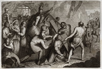 Royaumont Bijbel, Nieuwe Testament: Kruisdraging (Kruisweg). Jezus Christus draagt zijn kruis naar de berg Calvarie met hulp van Simon van Cyrene (de Cyreneeër). Illustratie uit 1811. door Unknown artist