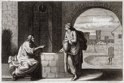 Royaumont Bijbel, Nieuwe Testament: Christus en de Samaritaanse vrouw bij de bron. Jezus Christus bekeert een Samaritaanse vrouw. Illustratie uit 1811. door Unknown artist