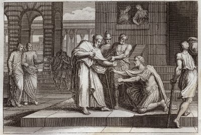 Bijbel van Royaumont, Nieuwe Testament: Cornelius doopt. Cornelius de centurio ontvangt het geloof van Jezus Christus, en wordt gedoopt door St. Petrus. Illustratie uit 1811. door Unknown artist