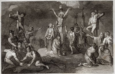 Royaumont Bijbel, Nieuwe Testament: Kruisiging van Jezus Christus. De Maagd Maria, Sint Maria Magdalena en Sint Johannes aan de voet van het kruis, Sint Longinus de Centurion (Sint Longinus) met zijn speer, soldaten spelen om de tuniek van Christus. Aan de door Unknown artist