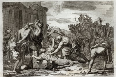 Royaumont Bijbel, Nieuwe Testament: Dood van St. Stefanus, eerste christelijke martelaar, door steniging. Illustratie uit 1811. door Unknown artist