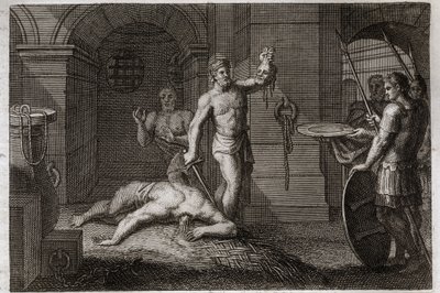 Bijbel van Royaumont, Nieuwe Testament: Onthoofding van Sint Jan de Doper. Men legt zijn hoofd op een schaal. Illustratie uit 1811. door Unknown artist