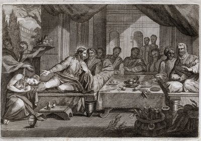 Royaumont Bijbel, Nieuwe Testament: Diner bij Simon de Farizeeër. Maria Magdalena ging huilen aan de voeten van Jezus Christus bij Simon de Farizeeër en verkreeg vergeving van haar zonden. Ze zalft Christus