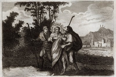 Royaumont Bijbel, Nieuwe Testament: Discipelen van Emmaüs. De twee discipelen van Emmaüs ontmoeten de verrezen Christus. Illustratie uit 1811. door Unknown artist
