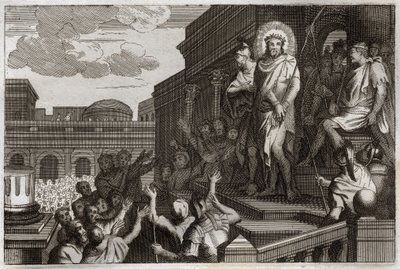 Royaumont Bijbel, Nieuwe Testament: Ecce homo. Pontius Pilatus (Pontius Pilatus) presenteert Jezus Christus met doornen aan de menigte en zegt: "Zie de Mens". Illustratie uit 1811. door Unknown artist