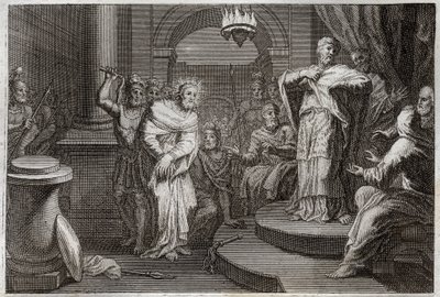Royaumont Bijbel, Nieuwe Testament: Jezus Christus voor Kajafas en Anan (Hanan of Anne of Hanne). Illustratie uit 1811. door Unknown artist