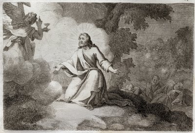 Royaumont Bijbel, Nieuwe Testament: Jezus Christus in de tuin (gebed op de Olijfberg). Een engel met een kelk verschijnt aan Jezus. De apostelen St. Petrus, St. Johannes en St. Jacobus slapen. Illustratie uit 1811. door Unknown artist
