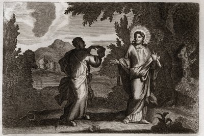 Royaumont Bijbel, Nieuwe Testament: Jezus Christus in de woestijn. Jezus wordt de woestijn in gedreven. Hij vast veertig dagen en veertig nachten. Hij wordt verleid door de demon die hem uitnodigt om stenen in brood te veranderen. Illustratie uit 1811. door Unknown artist