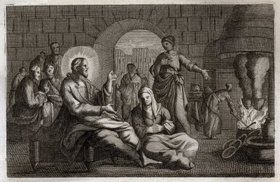 Royaumont Bijbel, Nieuwe Testament: Martha en Maria. Jezus Christus komt het huis van Martha binnen, die zich haast om hem te ontvangen terwijl haar zus, Maria van Bethanië, naar zijn woord luistert. Illustratie uit 1811. door Unknown artist