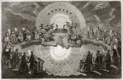 Royaumont Bijbel, Nieuwe Testament: Open Hemel. Een troon verschijnt omringd door een leeuw, een os, een man en een adelaar (tetramorf) en zeven lampen. Vierentwintig oude mensen zittend op tronen omringen deze visie. Illustratie uit 1811. door Unknown artist