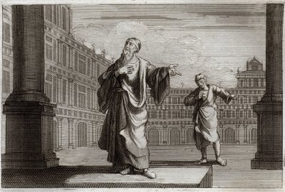 Royaumont Bijbel, Nieuwe Testament: Parabel van de Farizeeër en de tollenaar, die naar de tempel gingen om te bidden. Illustratie uit 1811. door Unknown artist