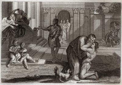 Royaumont Bijbel, Nieuwe Testament: Parabel van de verloren zoon. De zoon keert terug naar huis nadat hij al zijn bezittingen heeft verloren. Hij komt zijn vader om vergeving vragen. Illustratie uit 1811. door Unknown artist