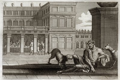 Royaumont Bijbel, Nieuwe Testament: Parabel van de rijke man en Lazarus. De rijke man zit aan tafel en Lazarus de bedelaar, wiens wonden door de honden van de rijke man worden gelikt. Illustratie uit 1811. door Unknown artist