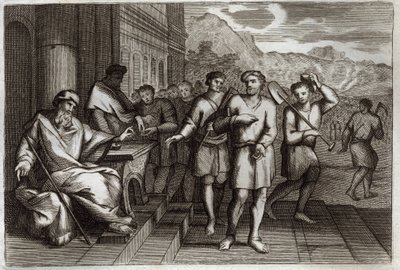 Royaumont Bijbel, Nieuwe Testament: Gelijkenis van de wijnbouwers of gelijkenis van de arbeiders van het elfde uur. Arbeiders die de vader van de familie naar zijn wijngaard stuurt. Illustratie uit 1811. door Unknown artist