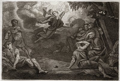 Royaumont Bijbel, Nieuwe Testament: Herders bij de kribbe. Een engel kondigt de geboorte van Jezus Christus aan de herders aan (Aankondiging aan de herders). Illustratie uit 1811. door Unknown artist