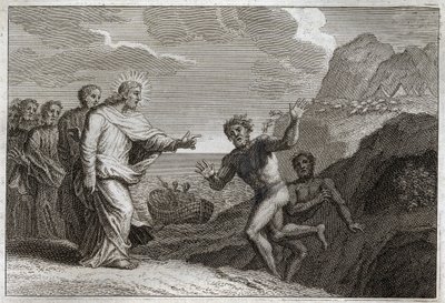 Royaumont Bijbel, Nieuwe Testament: Genezing van een bezetene. Jezus Christus geneest een bezetene die door de demon woedend was gemaakt. Illustratie uit 1811. door Unknown artist