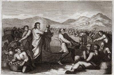 Bijbel van Royaumont, Nieuwe Testament: Vermenigvuldiging van de broden. Jezus Christus vermenigvuldigt vijf broden en voedt vijfduizend mannen. Illustratie uit 1811 door Unknown artist