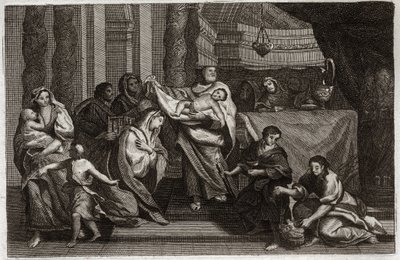 Royaumont Bijbel, Nieuwe Testament: Zuivering van de Maagd of presentatie in de Tempel. De Heilige Familie biedt Jezus Christus aan de Tempel aan en geeft hem aan Symeon (of Simeon of Simon). Een vrouw houdt twee duiven in een mand. Illustratie uit 1811. door Unknown artist
