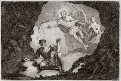 Royaumont Bijbel, Nieuwe Testament: Opstanding. Jezus Christus staat op uit zijn graf onder de verbazing van de Romeinse soldaten die in slaap waren gevallen. Illustratie uit 1811 (gravure). door Unknown artist