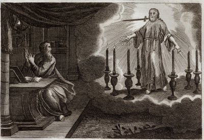 Royaumont Bijbel, Nieuwe Testament: Openbaringen van Sint Jan in de Openbaring. Jezus Christus verschijnt aan Sint Jan tussen zeven gouden kandelaars, met zeven sterren in zijn rechterhand en een zwaard dat uit zijn mond komt. Illustratie uit 1811. door Unknown artist
