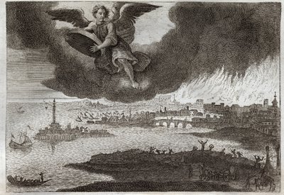 Royaumont Bijbel, Nieuwe Testament: Verwoesting van Babylon. Babylon in brand, een engel gooit een steen in de zee, symboliseert de vernietiging van deze stad tijdens de Openbaring. Illustratie uit 1811. door Unknown artist