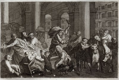 Royaumont Bijbel, Nieuwe Testament: Verdrijving van de verkopers uit de tempel. Jezus Christus verjaagt uit de tempel degenen die hem ontheiligden door de handel die ze daar dreven. Illustratie uit 1811. door Unknown artist