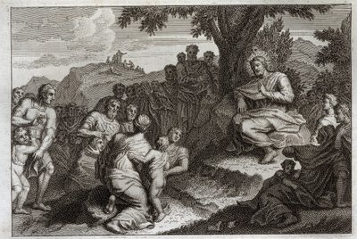 Royaumont Bijbel, Nieuwe Testament: Bergrede. Jezus Christus kiest twaalf apostelen uit zijn discipelen en houdt voor hen en een groot volk de Bergrede. Illustratie uit 1811. door Unknown artist