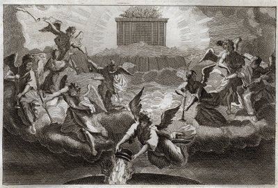 Royaumont Bijbel, Nieuwe Testament: Zeven Engelen blazen de trompetten van de Openbaring na het openen van het zevende zegel van het boek door het Lam. Een andere Engel neemt een wierookvat, vult het met het vuur van het Altaar en werpt het op de aarde. Il door Unknown artist