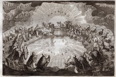 Royaumont Bijbel, Nieuwe Testament: Zeven zegels van het boek geopend door het Lam. De vierentwintig oudsten werpen zich neer voor de troon omringd door een leeuw, een os, een mens en een adelaar (tetramorf) en zeven lampen. Illustratie uit 1811. door Unknown artist