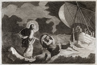 Royaumont Bijbel, Nieuwe Testament: St. Petrus loopt op water. Jezus Christus loopt op de zee en laat Sint Petrus daar lopen. Illustratie uit 1811. door Unknown artist