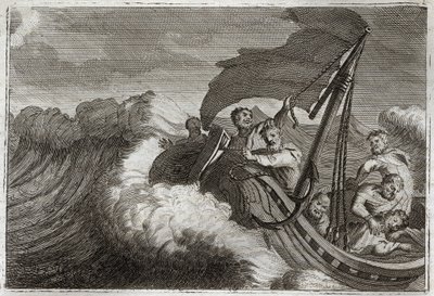Royaumont Bijbel, Nieuwe Testament: De storm bedaard. De apostelen worden verrast door een storm en wekken Jezus Christus die in hun schip sliep, en hij kalmeert ook de Zee van Galilea. Illustratie uit 1811. door Unknown artist