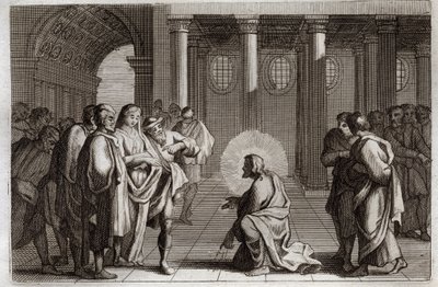 Royaumont Bijbel, Nieuwe Testament: De overspelige vrouw. Jezus Christus ontwijkt goddelijk de valstrikken die de Joden voor hem hadden gelegd, door hem te vragen wat er met een vrouw die op overspel betrapt was, moest gebeuren, zeggende: 