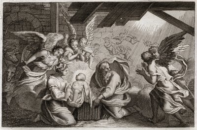 Royaumont Bijbel, Nieuwe Testament: De Geboorte. Jezus Christus werd geboren uit de Heilige Maagd Maria in een stal in Bethlehem. Illustratie uit 1811. door Unknown artist