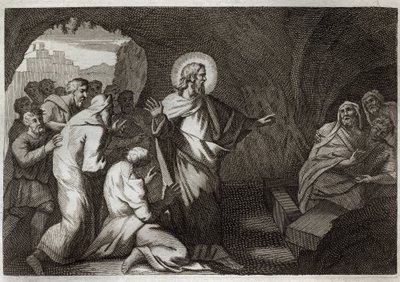 Royaumont Bijbel, Nieuwe Testament: De opstanding van Lazarus door Jezus Christus. Illustratie uit 1811. door Unknown artist