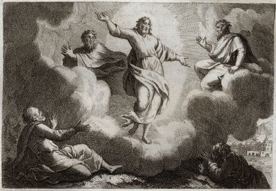 Royaumont Bijbel, Nieuwe Testament: De Transfiguratie van Jezus Christus. Christus omringt Mozes en Elia met daaronder de apostel Johannes, Petrus en Jakobus. Illustratie uit 1811. door Unknown artist