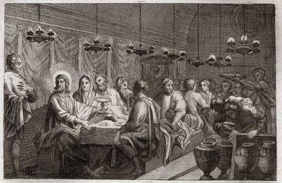Royaumont Bijbel, Nieuwe Testament: De bruiloft te Kana. Eerste wonder van Jezus Christus die water in wijn veranderde. Illustratie uit 1811. door Unknown artist
